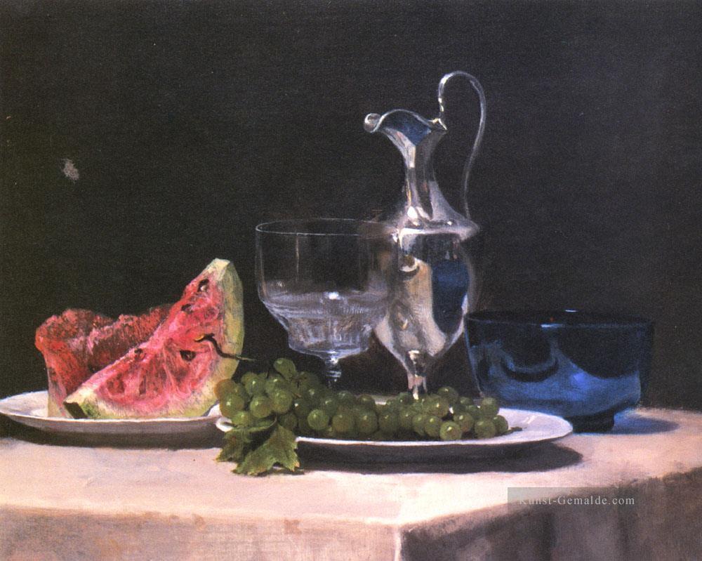 Stillleben Studie von Silber Glas und Obst maler John LaFarge Ölgemälde